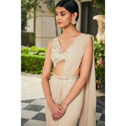 Bohame Zeya Beige Chikankari & Mirror Work Concept Pre-Draped Saree with Stitched Blouse