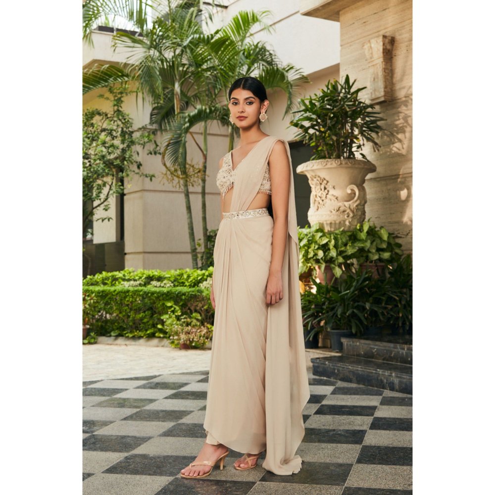 Bohame Zeya Beige Chikankari & Mirror Work Concept Pre-Draped Saree with Stitched Blouse