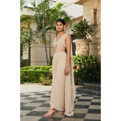 Bohame Zeya Beige Chikankari & Mirror Work Concept Pre-Draped Saree with Stitched Blouse