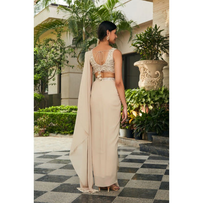 Bohame Zeya Beige Chikankari & Mirror Work Concept Pre-Draped Saree with Stitched Blouse