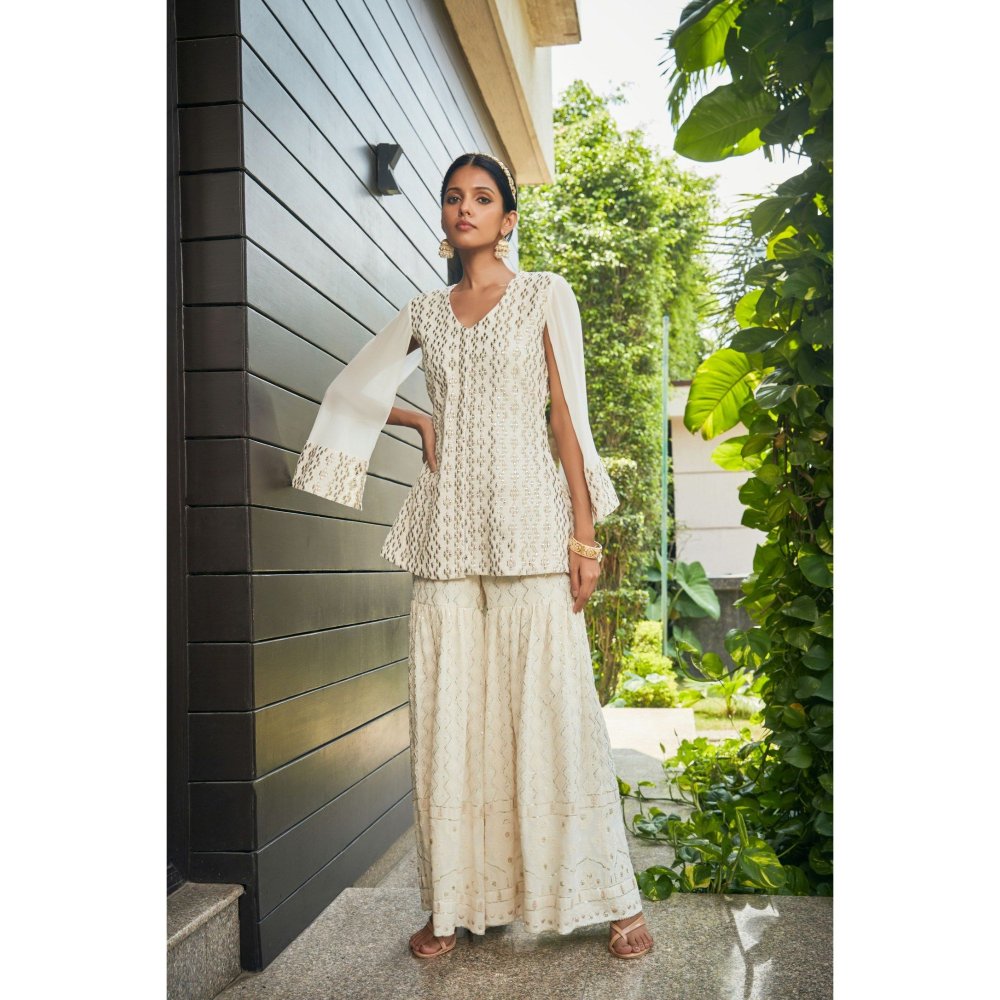 Bohame Miah Off White Mirror Work & Chikankari Tunic & Sharara (Set of 2)