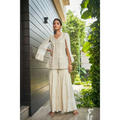 Bohame Miah Off White Mirror Work & Chikankari Tunic & Sharara (Set of 2)