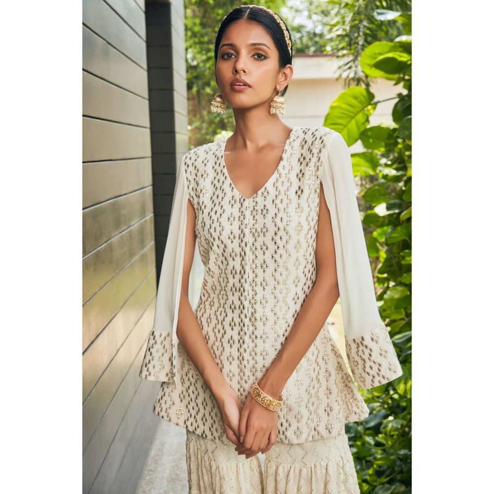 Bohame Miah Off White Mirror Work & Chikankari Tunic & Sharara (Set of 2)