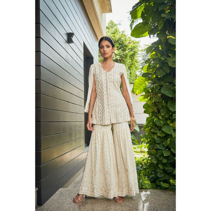 Bohame Miah Off White Mirror Work & Chikankari Tunic & Sharara (Set of 2)