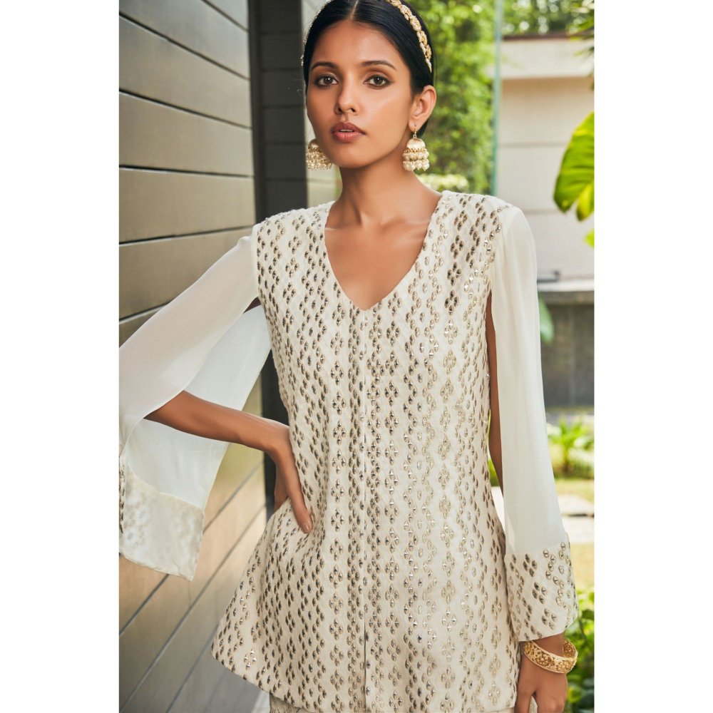 Bohame Miah Off White Mirror Work & Chikankari Tunic & Sharara (Set of 2)