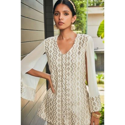 Bohame Miah Off White Mirror Work & Chikankari Tunic & Sharara (Set of 2)