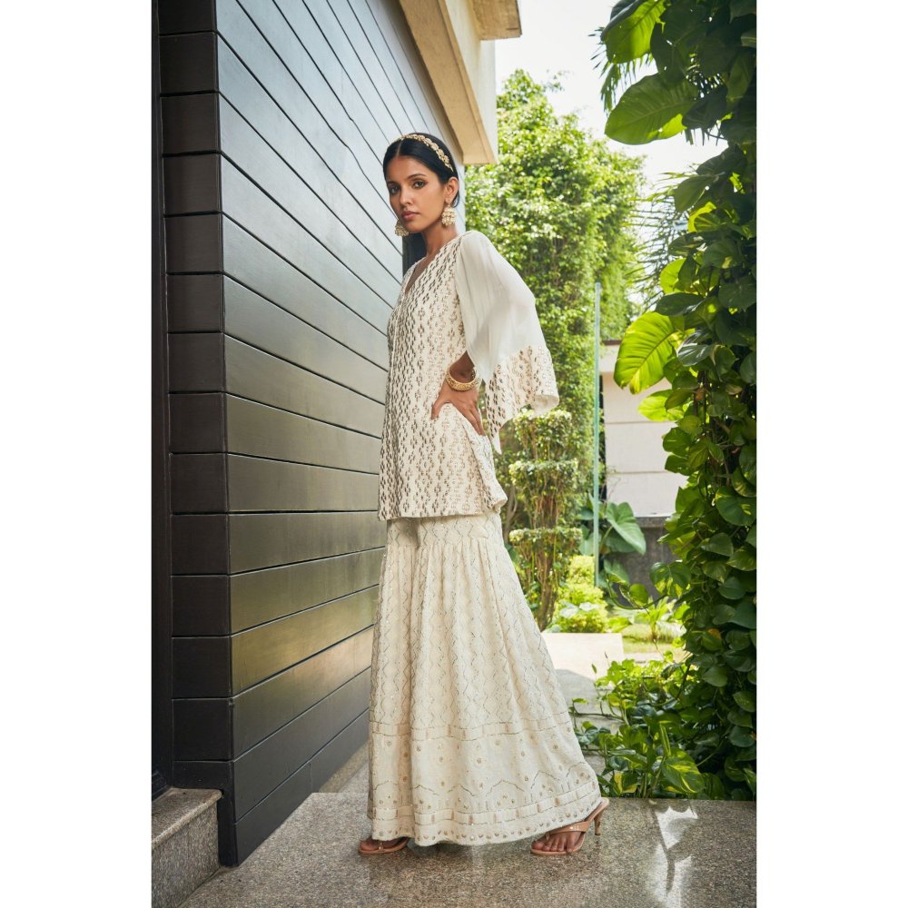 Bohame Miah Off White Mirror Work & Chikankari Tunic & Sharara (Set of 2)