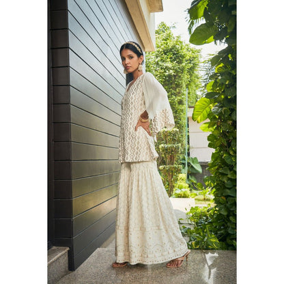 Bohame Miah Off White Mirror Work & Chikankari Tunic & Sharara (Set of 2)