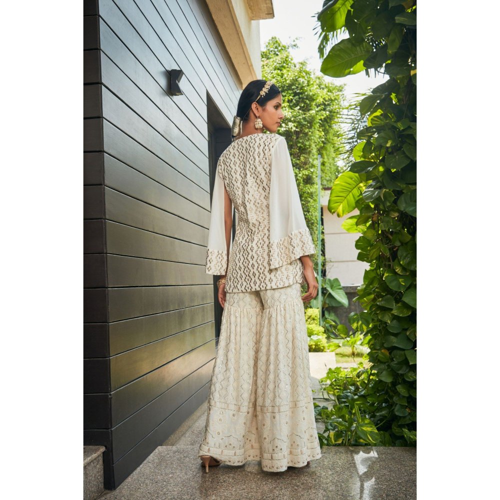 Bohame Miah Off White Mirror Work & Chikankari Tunic & Sharara (Set of 2)