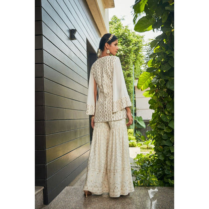 Bohame Miah Off White Mirror Work & Chikankari Tunic & Sharara (Set of 2)