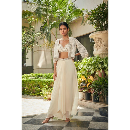 Bohame Artika Off White Mirror Work & Chikankari Blouse with Skirt & Cape (Set of 3)