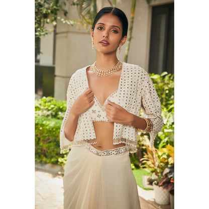 Bohame Artika Off White Mirror Work & Chikankari Blouse with Skirt & Cape (Set of 3)