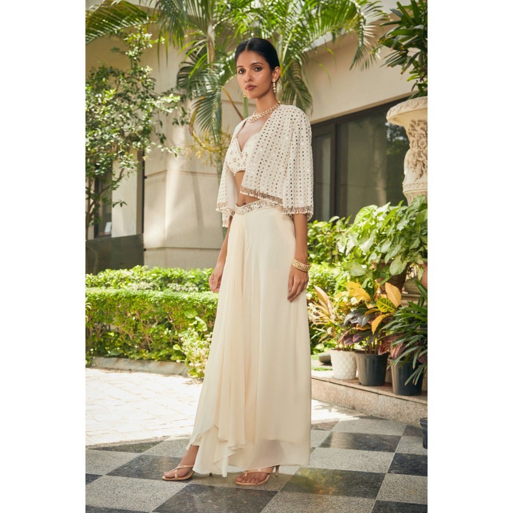 Bohame Artika Off White Mirror Work & Chikankari Blouse with Skirt & Cape (Set of 3)