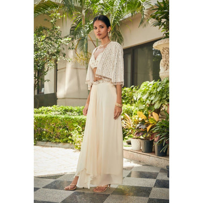 Bohame Artika Off White Mirror Work & Chikankari Blouse with Skirt & Cape (Set of 3)
