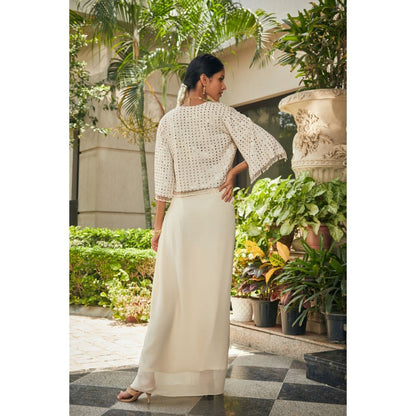 Bohame Artika Off White Mirror Work & Chikankari Blouse with Skirt & Cape (Set of 3)