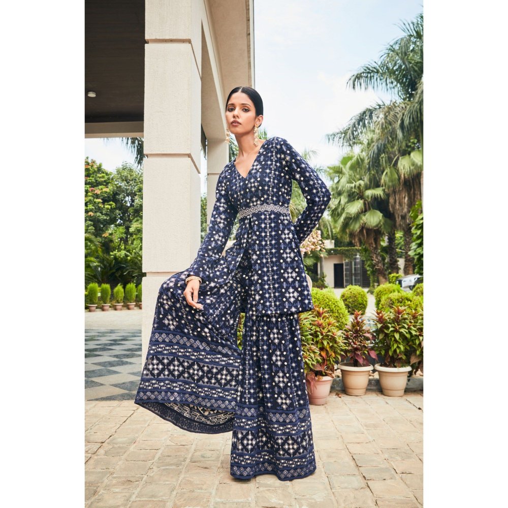 Bohame Nyra Teal Mirror Work & Chikankari Tunic & Sharara (Set of 2)