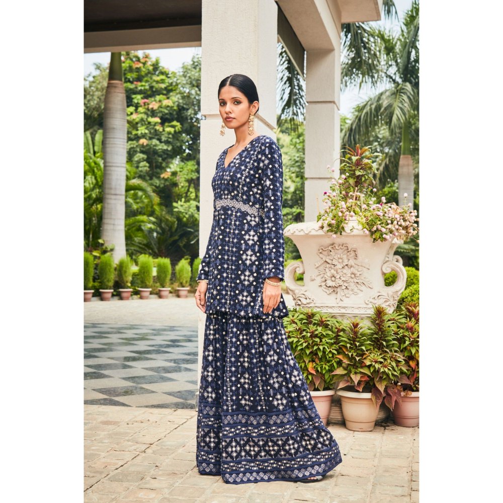 Bohame Nyra Teal Mirror Work & Chikankari Tunic & Sharara (Set of 2)