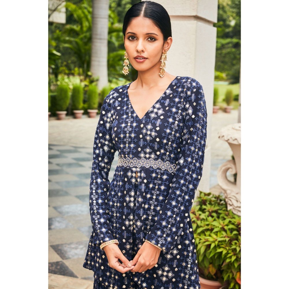 Bohame Nyra Teal Mirror Work & Chikankari Tunic & Sharara (Set of 2)