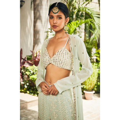 Bohame Ruhi Pastel Green Mirror Work & Chikankari Blouse with Sharara & Cape (Set of 3)