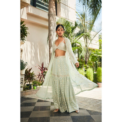 Bohame Ruhi Pastel Green Mirror Work & Chikankari Blouse with Sharara & Cape (Set of 3)