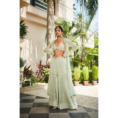 Bohame Ruhi Pastel Green Mirror Work & Chikankari Blouse with Sharara & Cape (Set of 3)