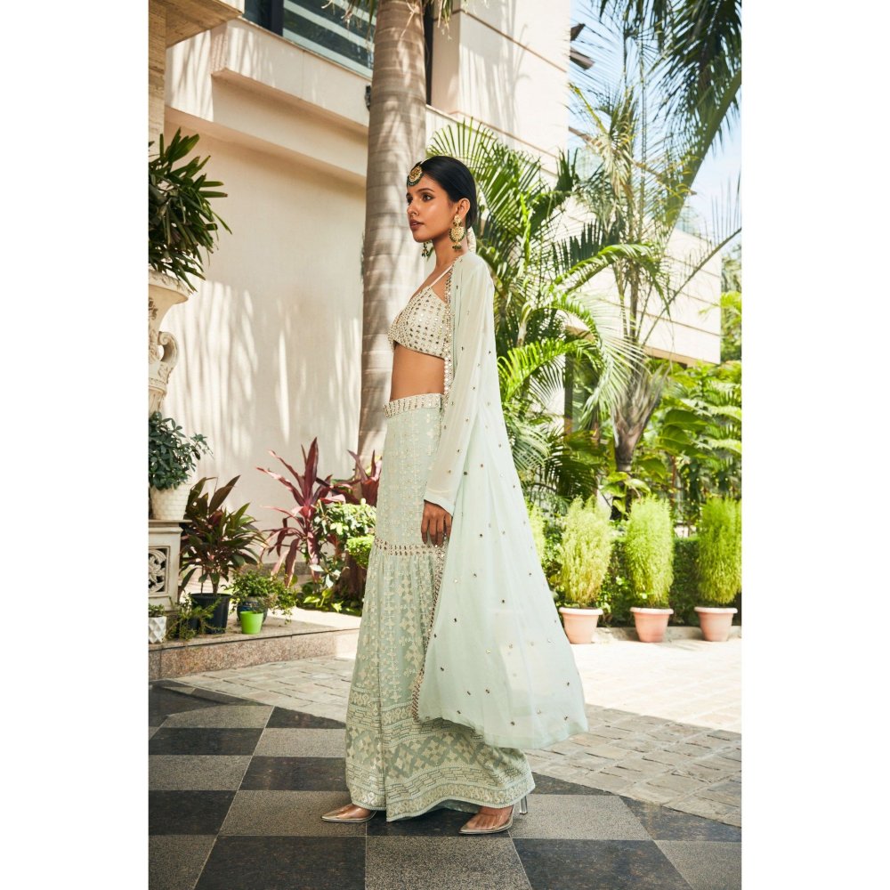 Bohame Ruhi Pastel Green Mirror Work & Chikankari Blouse with Sharara & Cape (Set of 3)