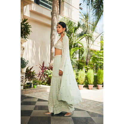 Bohame Ruhi Pastel Green Mirror Work & Chikankari Blouse with Sharara & Cape (Set of 3)