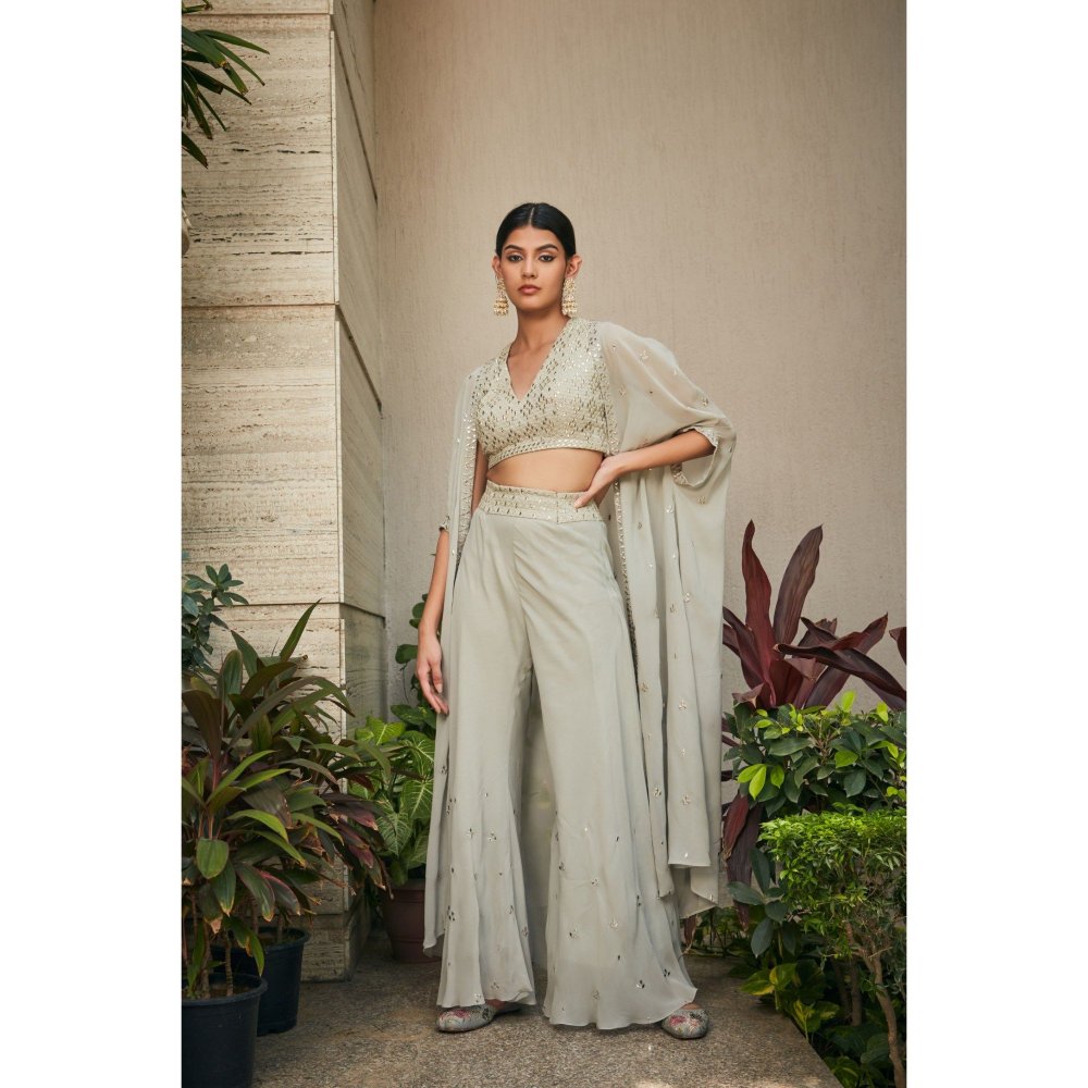 Bohame Aayla Light Mint Grey Mirror Work & Chikankari Blouse with Pant & Cape (Set of 3)