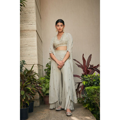 Bohame Aayla Light Mint Grey Mirror Work & Chikankari Blouse with Pant & Cape (Set of 3)