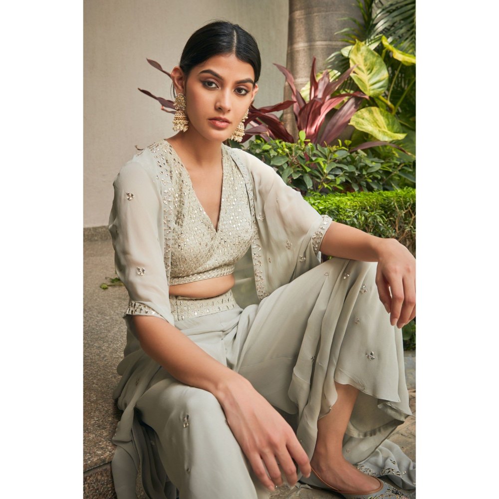 Bohame Aayla Light Mint Grey Mirror Work & Chikankari Blouse with Pant & Cape (Set of 3)