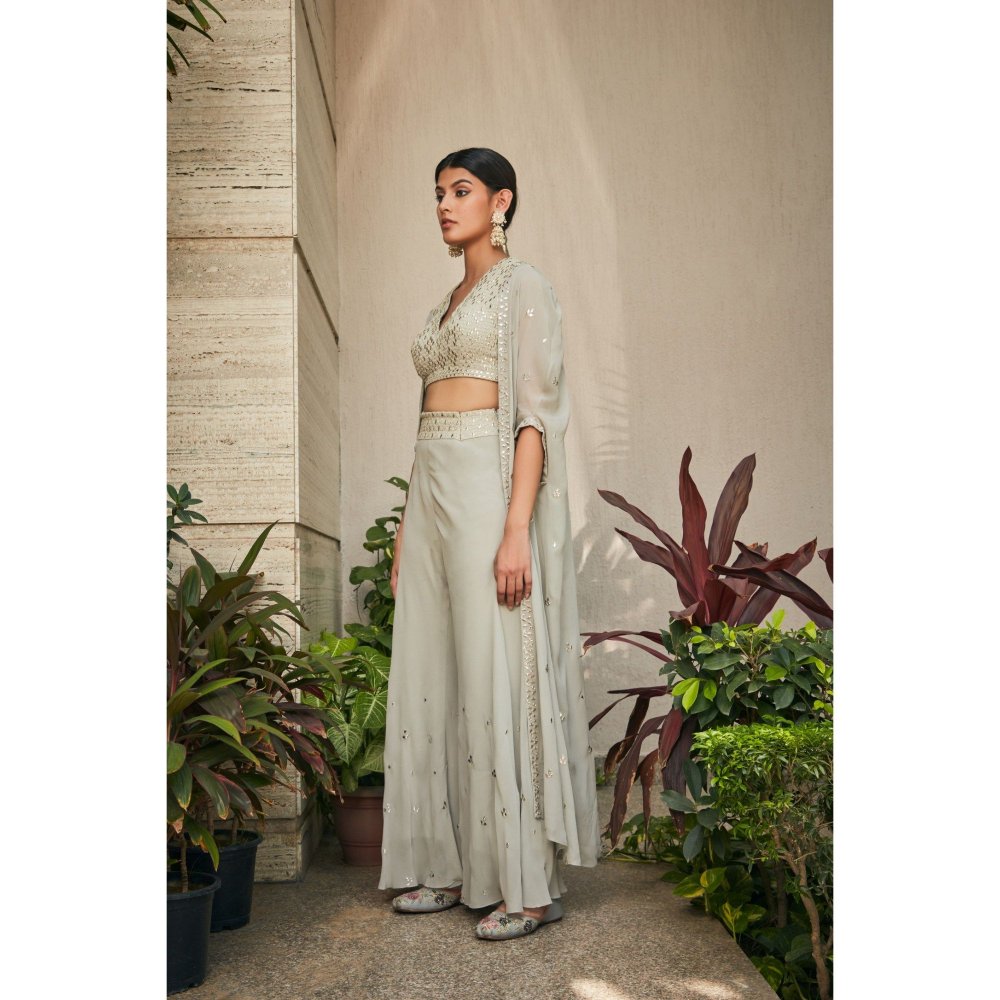Bohame Aayla Light Mint Grey Mirror Work & Chikankari Blouse with Pant & Cape (Set of 3)