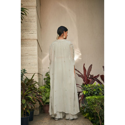 Bohame Aayla Light Mint Grey Mirror Work & Chikankari Blouse with Pant & Cape (Set of 3)