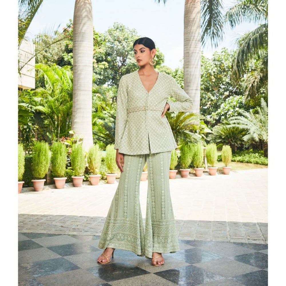 Bohame Rania Pastel Green Mirror Work & Chikankari Co-Ord (Set of 2)