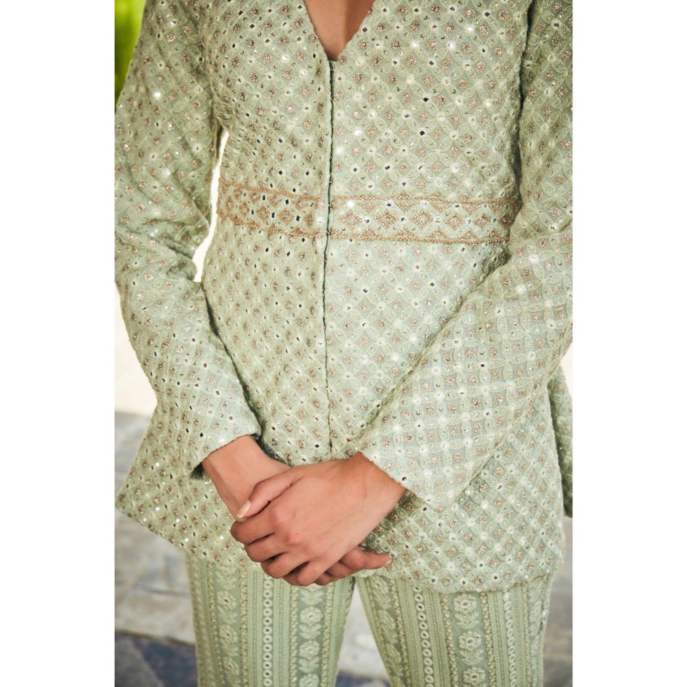 Bohame Rania Pastel Green Mirror Work & Chikankari Co-Ord (Set of 2)