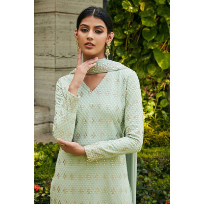 Bohame Rohana Pastel Green Mirror Work Embroidered Kurta & Palazzo with Dupatta (Set of 3)
