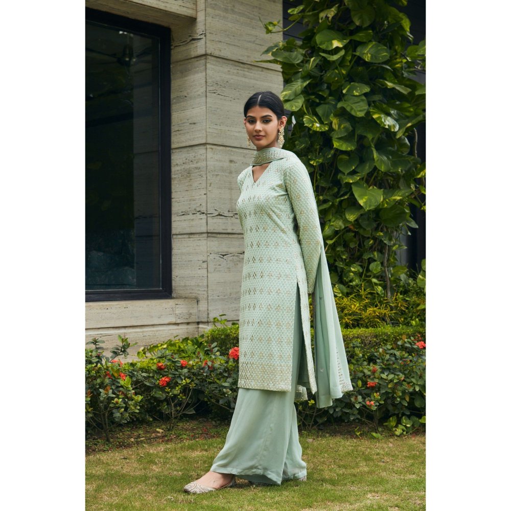 Bohame Rohana Pastel Green Mirror Work Embroidered Kurta & Palazzo with Dupatta (Set of 3)