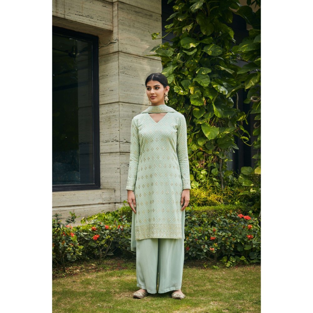 Bohame Rohana Pastel Green Mirror Work Embroidered Kurta & Palazzo with Dupatta (Set of 3)