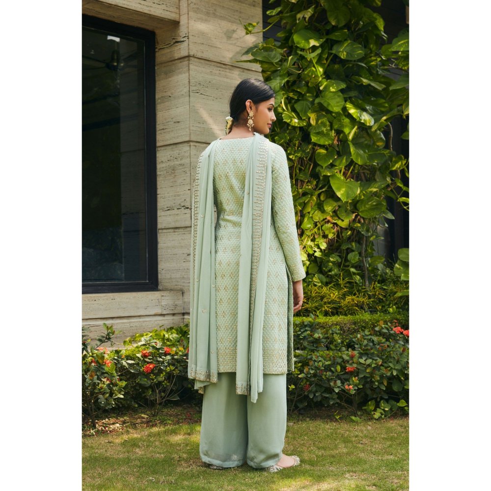 Bohame Rohana Pastel Green Mirror Work Embroidered Kurta & Palazzo with Dupatta (Set of 3)