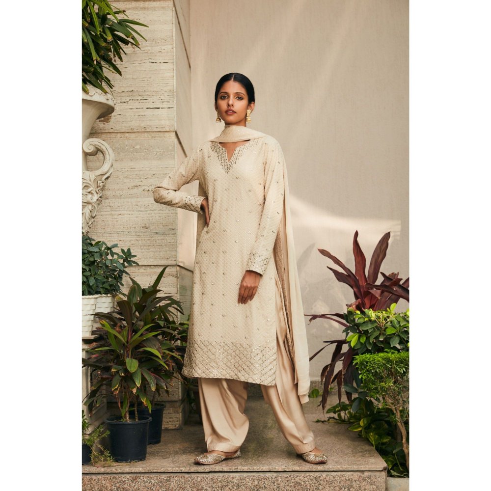 Bohame Avisa Beige Mirror Work & Chikankari Embroidered Kurta with Salwar & Dupatta (Set of 3)