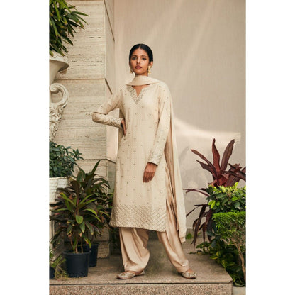 Bohame Avisa Beige Mirror Work & Chikankari Embroidered Kurta with Salwar & Dupatta (Set of 3)