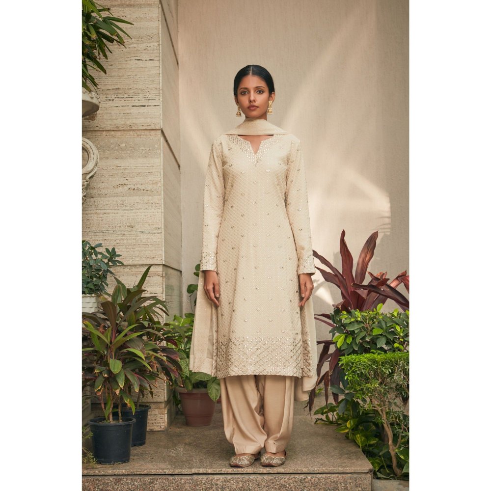 Bohame Avisa Beige Mirror Work & Chikankari Embroidered Kurta with Salwar & Dupatta (Set of 3)