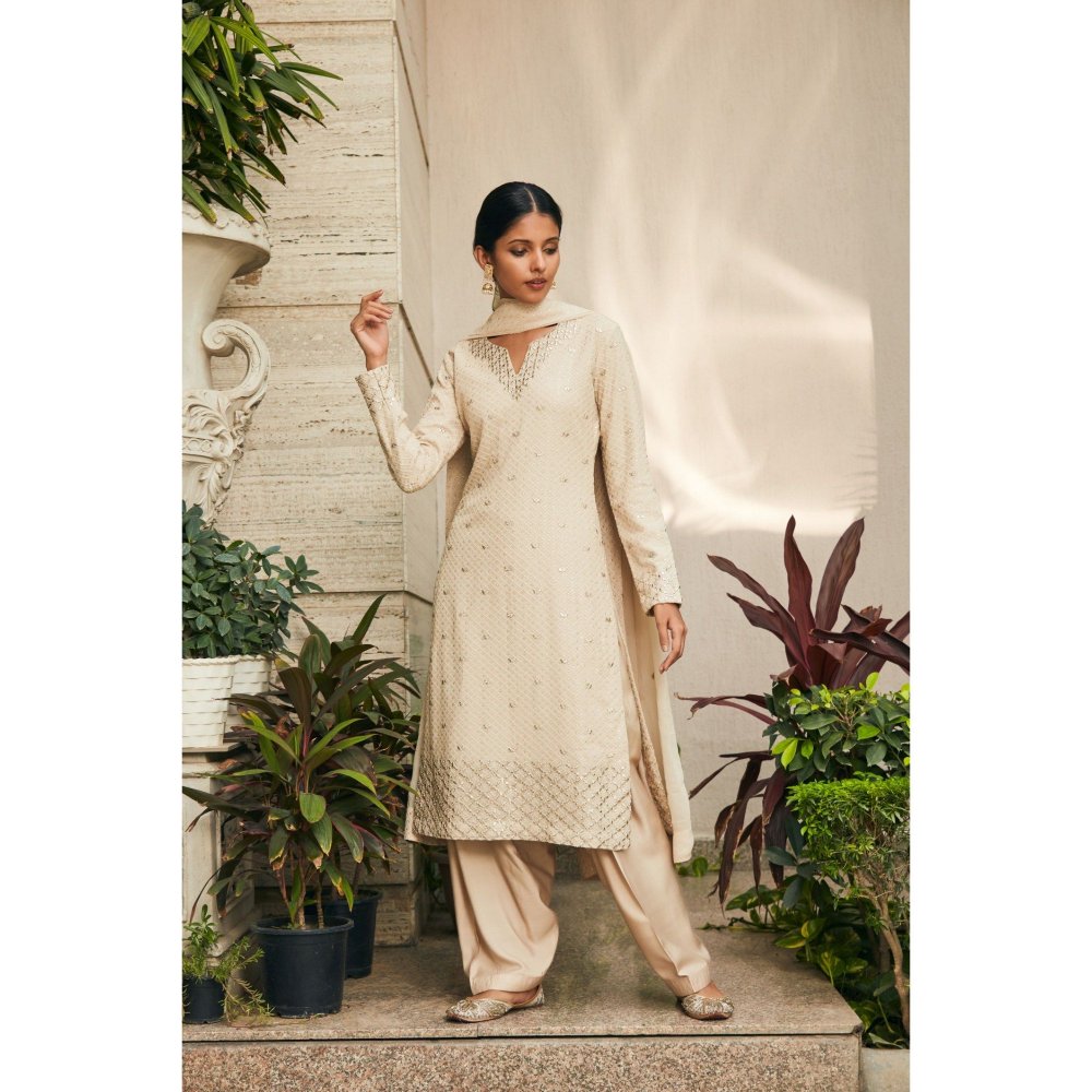 Bohame Avisa Beige Mirror Work & Chikankari Embroidered Kurta with Salwar & Dupatta (Set of 3)
