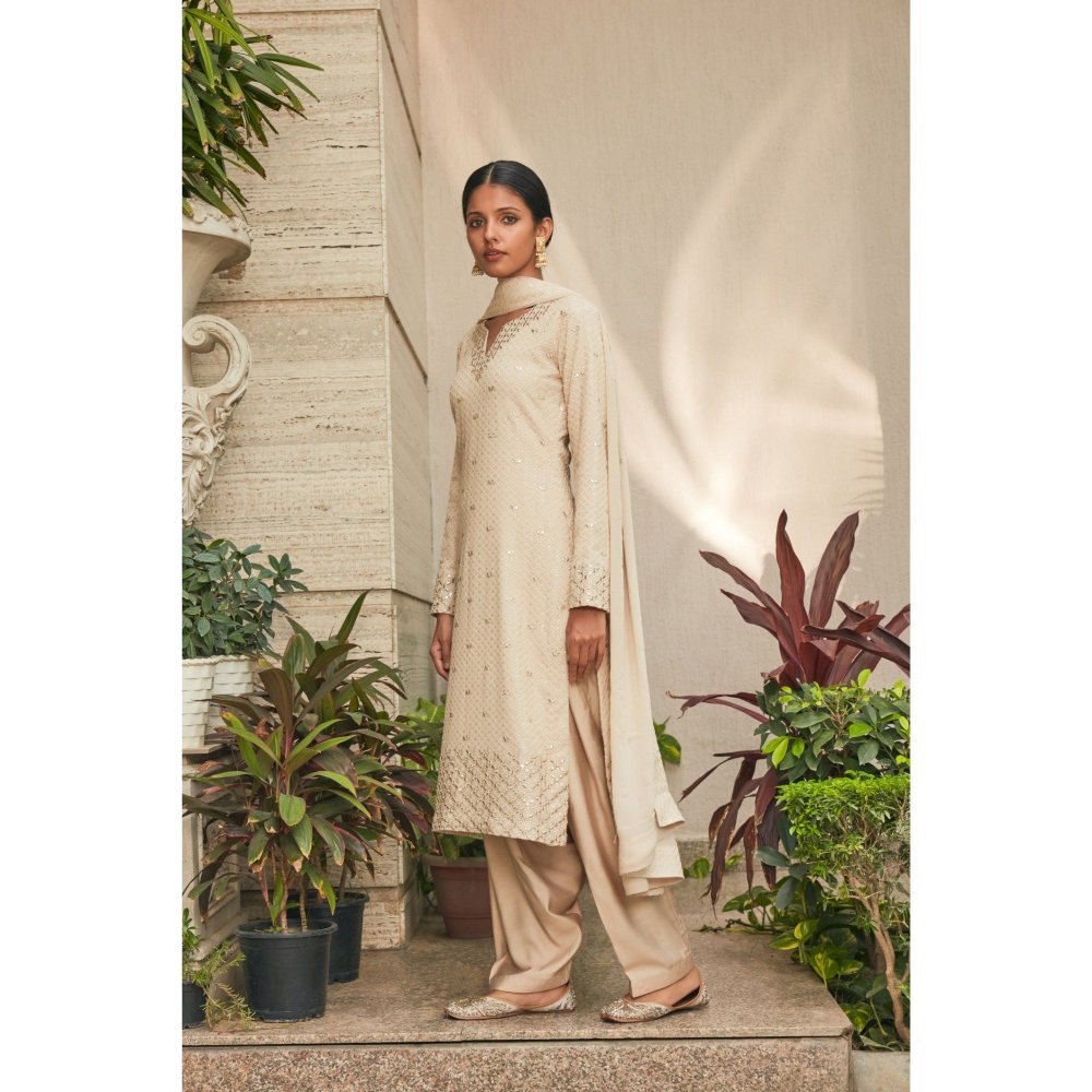 Bohame Avisa Beige Mirror Work & Chikankari Embroidered Kurta with Salwar & Dupatta (Set of 3)