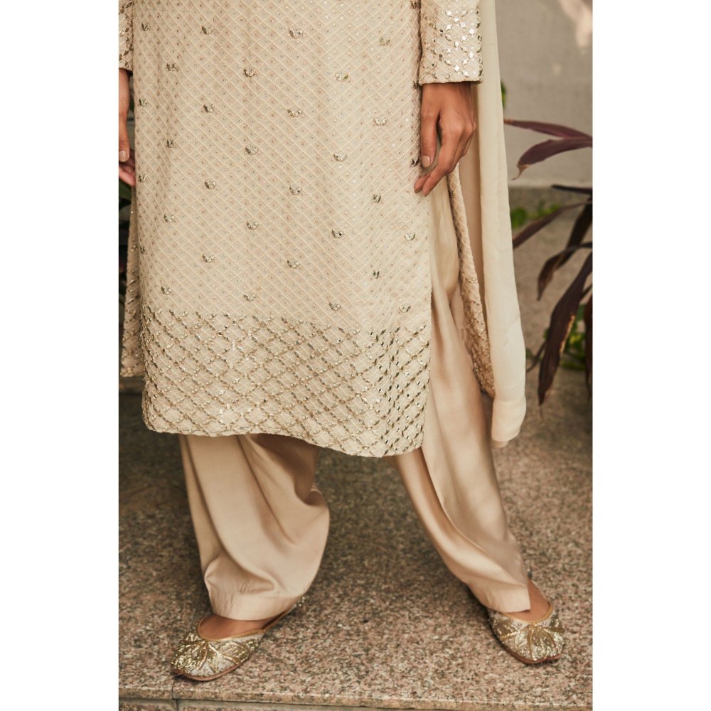 Bohame Avisa Beige Mirror Work & Chikankari Embroidered Kurta with Salwar & Dupatta (Set of 3)