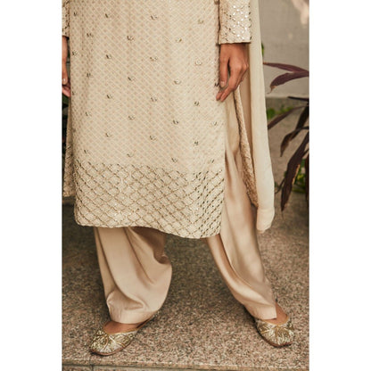 Bohame Avisa Beige Mirror Work & Chikankari Embroidered Kurta with Salwar & Dupatta (Set of 3)