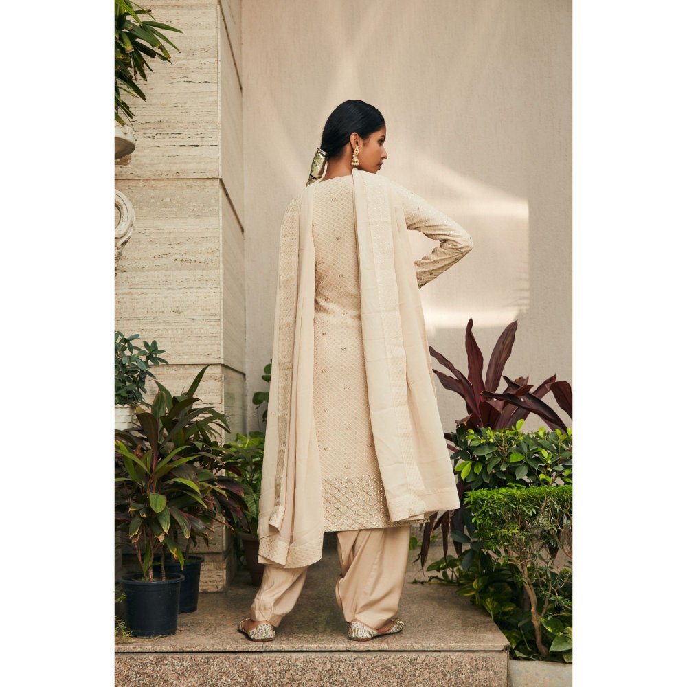 Bohame Avisa Beige Mirror Work & Chikankari Embroidered Kurta with Salwar & Dupatta (Set of 3)