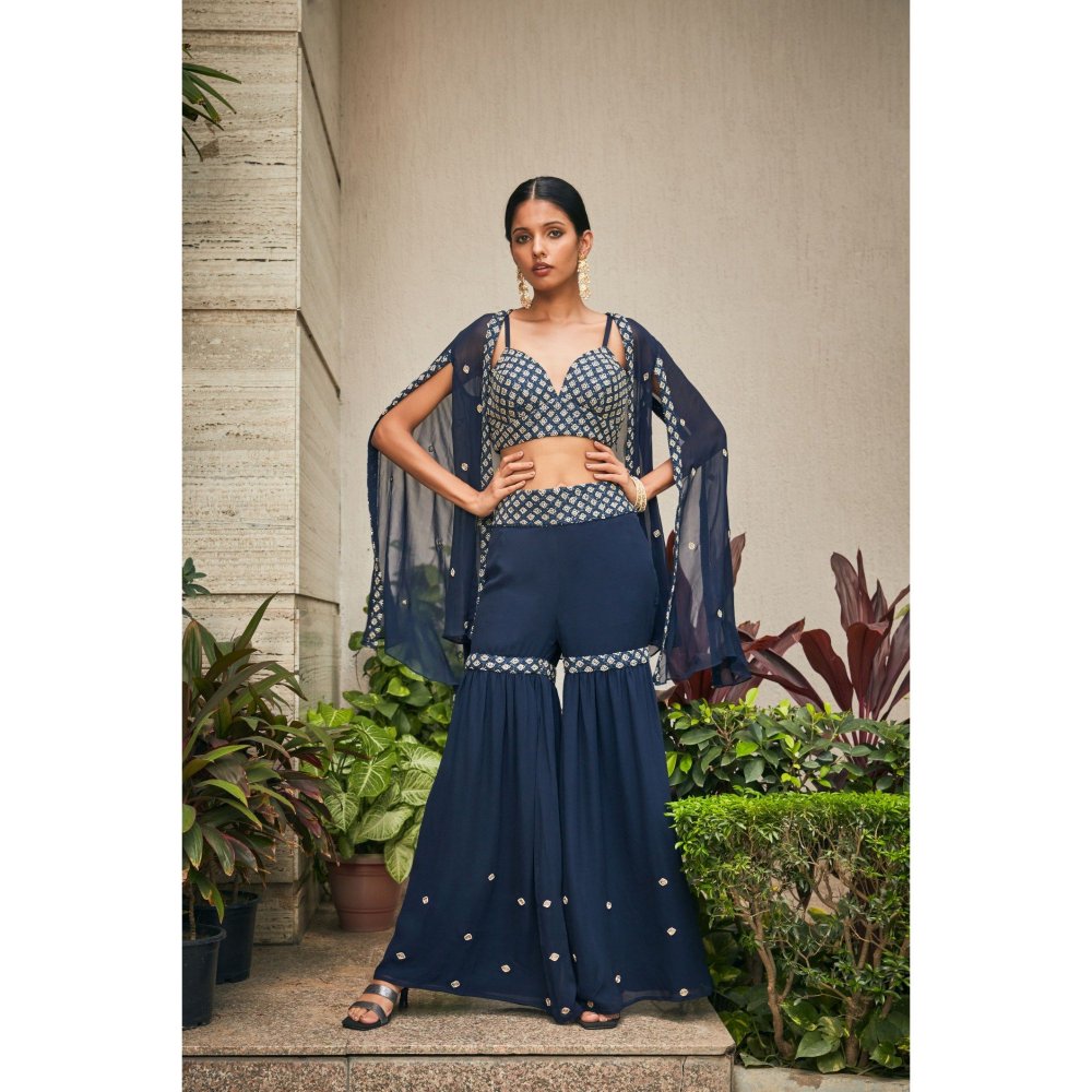 Bohame Iha Teal Chikankari Embroidered Blouse with Sharara & Cape (Set of 3)