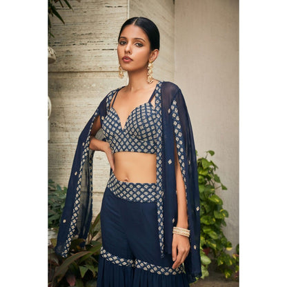 Bohame Iha Teal Chikankari Embroidered Blouse with Sharara & Cape (Set of 3)