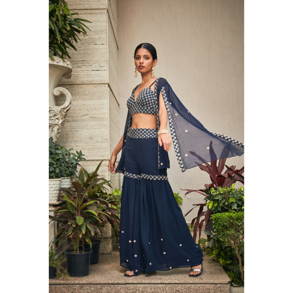 Bohame Iha Teal Chikankari Embroidered Blouse with Sharara & Cape (Set of 3)