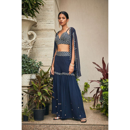 Bohame Iha Teal Chikankari Embroidered Blouse with Sharara & Cape (Set of 3)